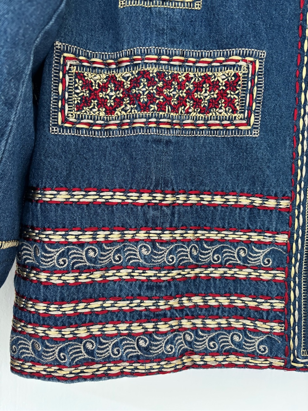 Coldwater Creek Embroidered Blue Jean Jacket with Red Accents - Picture 3 of 6